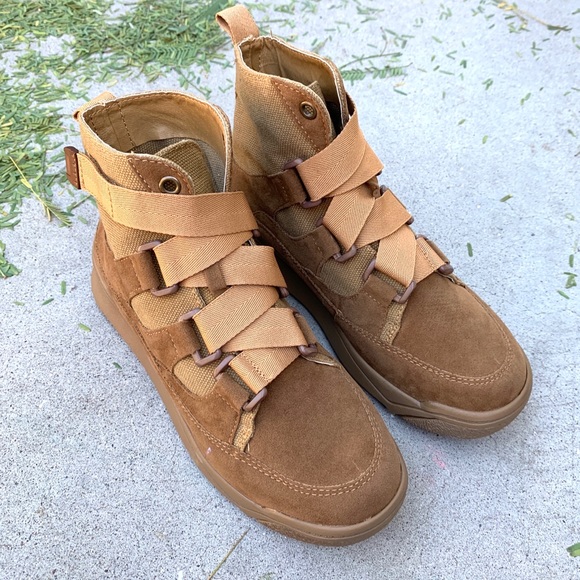 New Camel Brown Vegan Suede Velcro Tie High Top Boots - Picture 4 of 7